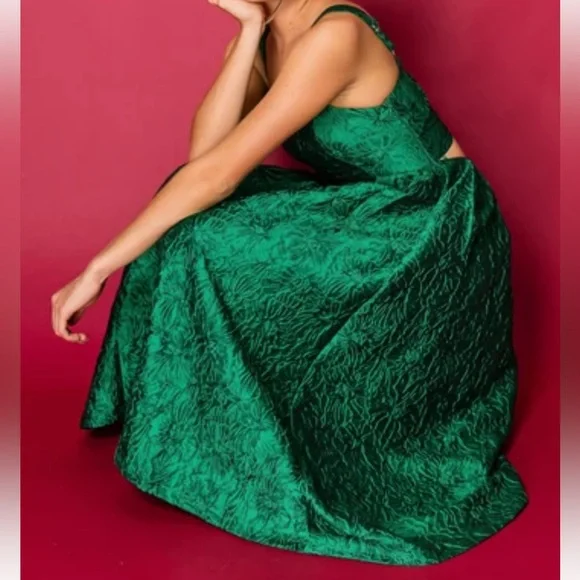 Bright Green Jacquard Midi Dress Pleated Skirt Back Bow Detail. Size Large. NWT. - Picture 15 of 15